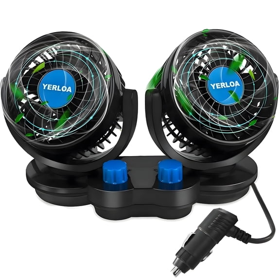 Yerloa Car Fan, 12 Volt Fans for Vehicles, 360 Degree Rotatable Car Fan Cooling Air Fan, Quiet Strong Dashboard Car Fans for Cooling Inside Car, Electric 2 Speed Dual Head Fan for SUV, RV, Vehicles