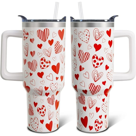 Valentine''s Day Tumbler Gifts for Women Girls, Red Hearts Stainless Steel Insulated Travel Coffee Cup, 40 Oz Tumblers with Handle and Straw, Anniversary Wedding Water Bottle (1 PC)
