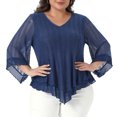 thumbnail image 2 of DARING DIVA Women's Plus Ruffle 3/4 Sleeve V Neck Loose Fit Blouse 4X Navy Blue, 2 of 6