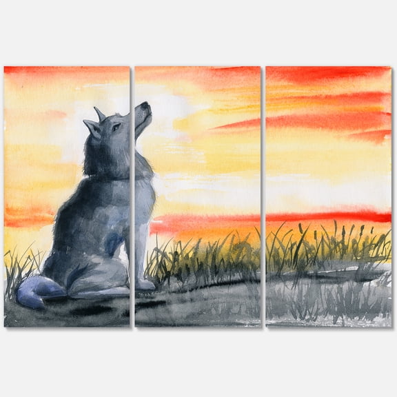 Portrait Of Grey Wolf Howling At The Moon 28 in x 36 in Painting Canvas Art Print, by Designart