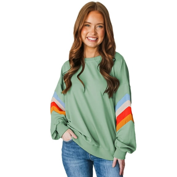 Women's Moonlight Jade Rainbow Striped Sleeve Crew Neck Loose Fit Sweatshirt - [ZhiHiMeRi] | (US 12-14)L