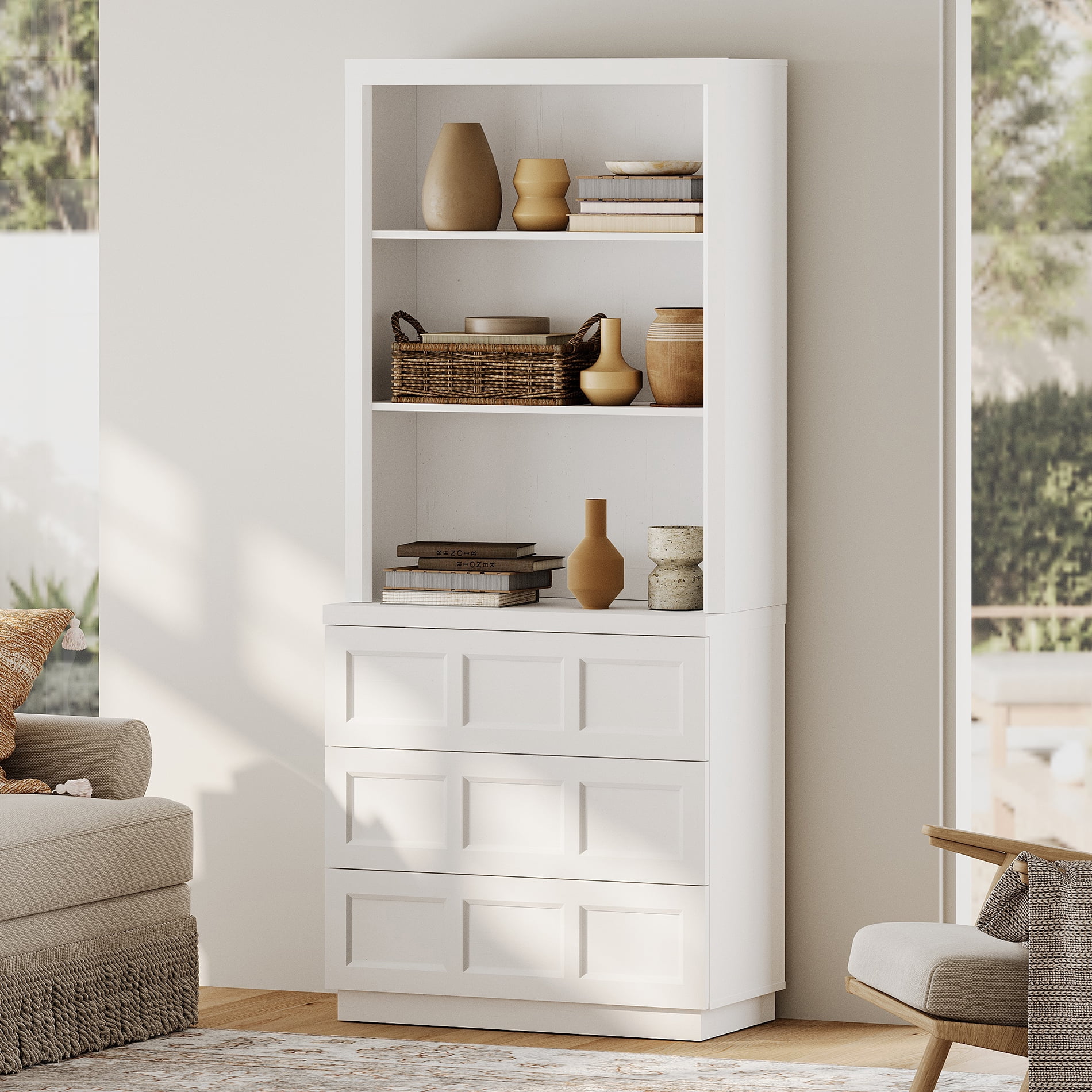 HOMOOI Wood Pantry Cabinet, Boho Freestanding Kitchen Storage Hutch with 1 Adjustable Open Shelves and 3-Large Drawers,Anti-Wobble Storage Organizer for Kitchen, Dining Room, Entryway,White