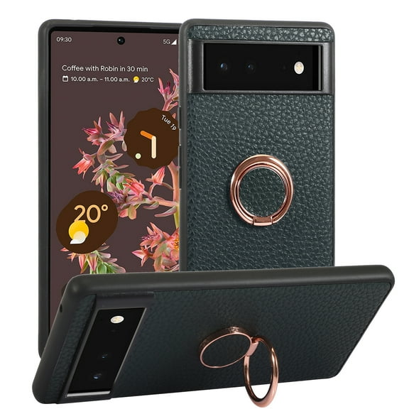 Lychee Texture PU Leather Phone Case for Google Pixel 6a,with 360° Rotating Metal Ring Kickstand,Anti-Fingerprint Magnetic Car Mount Shockproof TPU Bumper Protective Case,Darkgreen