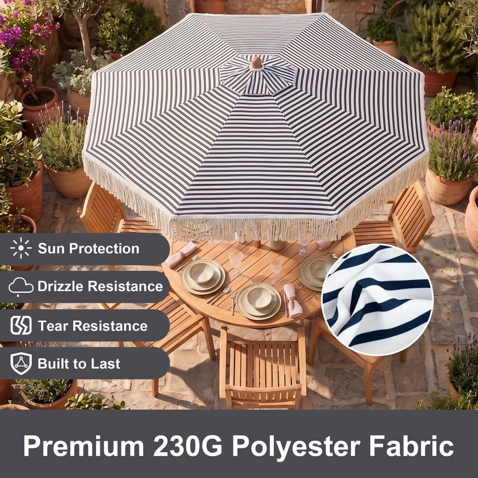LIVIZA 7 FT Patio Umbrella with Fringe Sun-Protective, Outdoor Market Umbrella with Boho Tassel,Blue