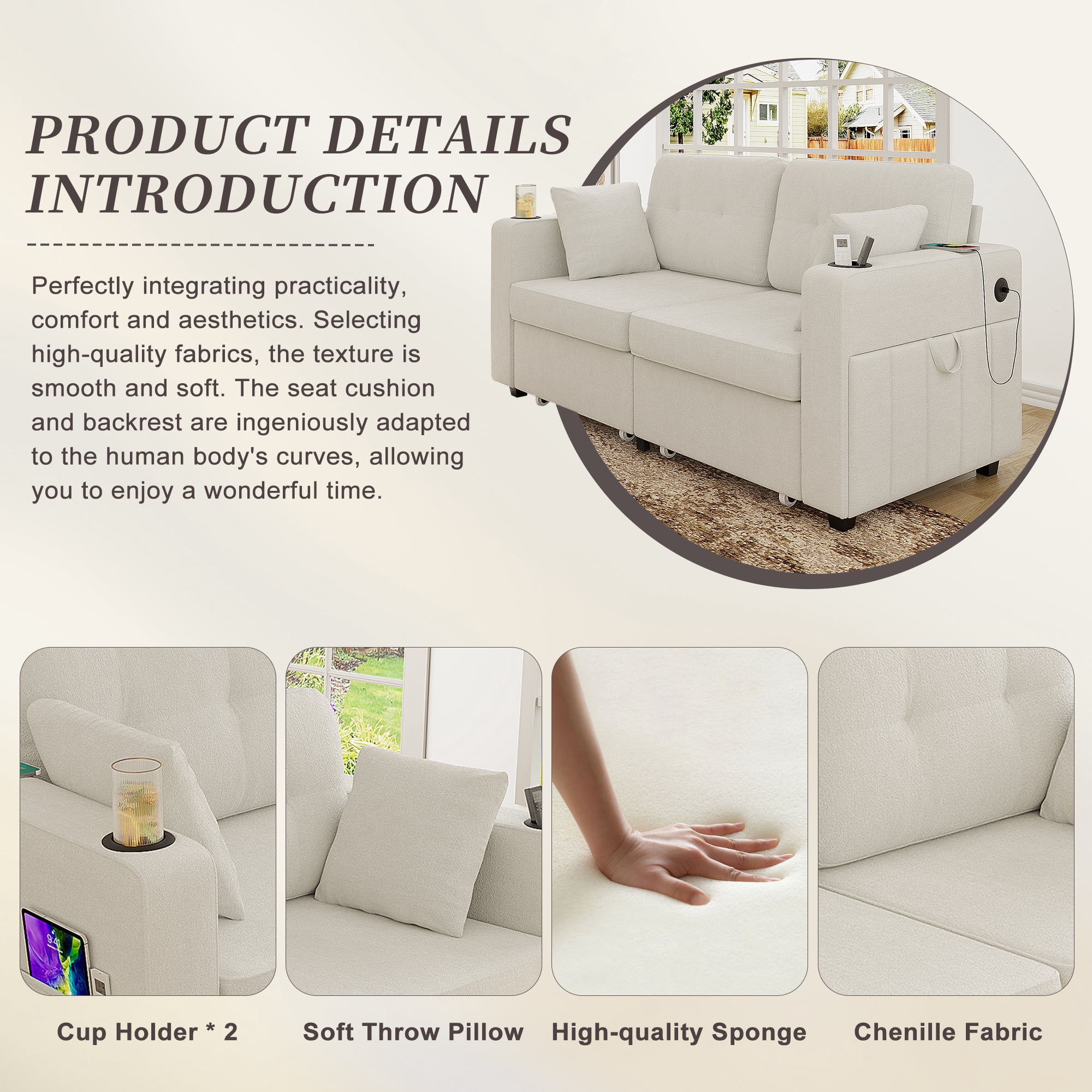 MOONMISS 68" Chenille 3 Seater Sofa Deep Seats,Wood Frame with Storage,USB Charging and Cup Holder,Beige