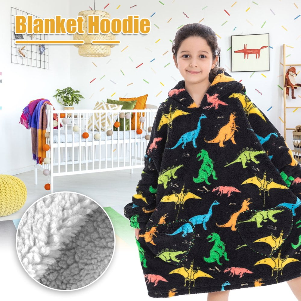 Wearable Blanket Hoodie for Kids Thick Sherpa Sweatshirt with Elastic Sleeves and Giant Pockets Super Warm and Cozy Fuzzy Plush Fleece Blanket Jacket Animal Pattern Walmart