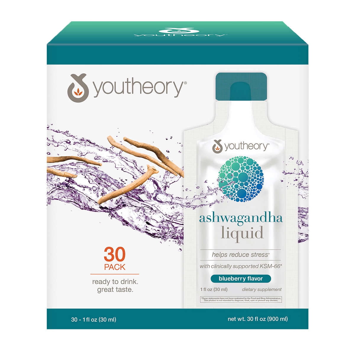 youtheory Ashwagandha 500 mg, Blueberry Flavor, 30 Packets