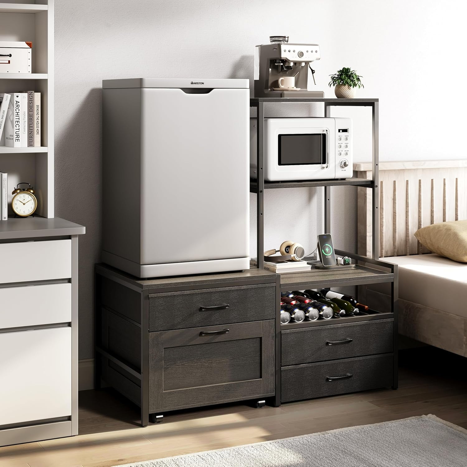 Herture Mini Fridge Stand with Wine Rack, Kitchen Bakers Rack with Power Outlet, Microwave Oven Stand, Coffee Bar, Movable Drawers, for Dorm,Office, Black HB04BXB