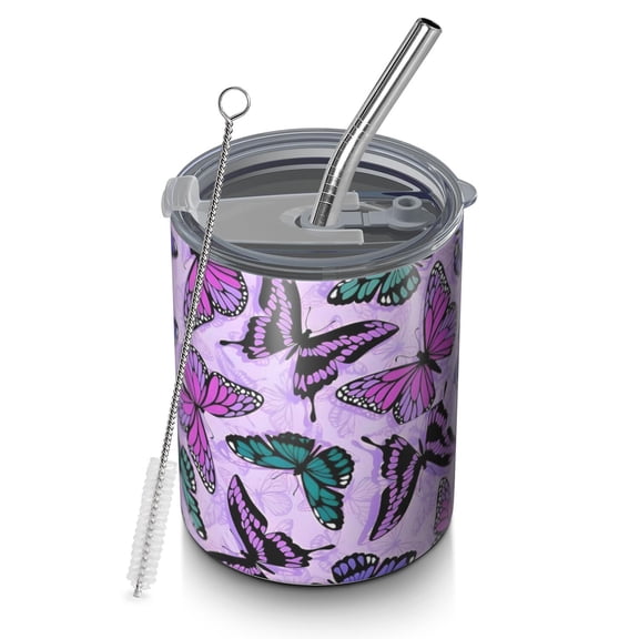 12oz Coffee Tumblers Purple Butterfly Pattern Stainless Steel Vacuum Insulated Travel Tumbler Coffee Cups Mug with Lid and Straw with Cleaning Brush for Cold & Hot Drinks