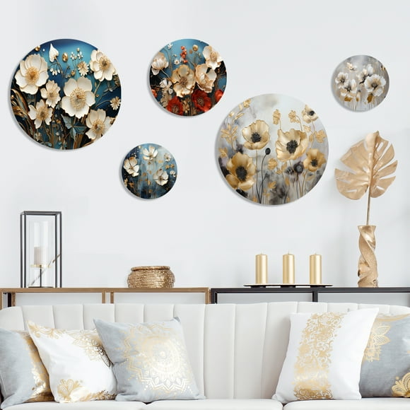 Designart "Dreaming Of Remembrance Poppies" Floral Metal Wall Art Set Of 5 - Beige Large Metal Wall Art Set