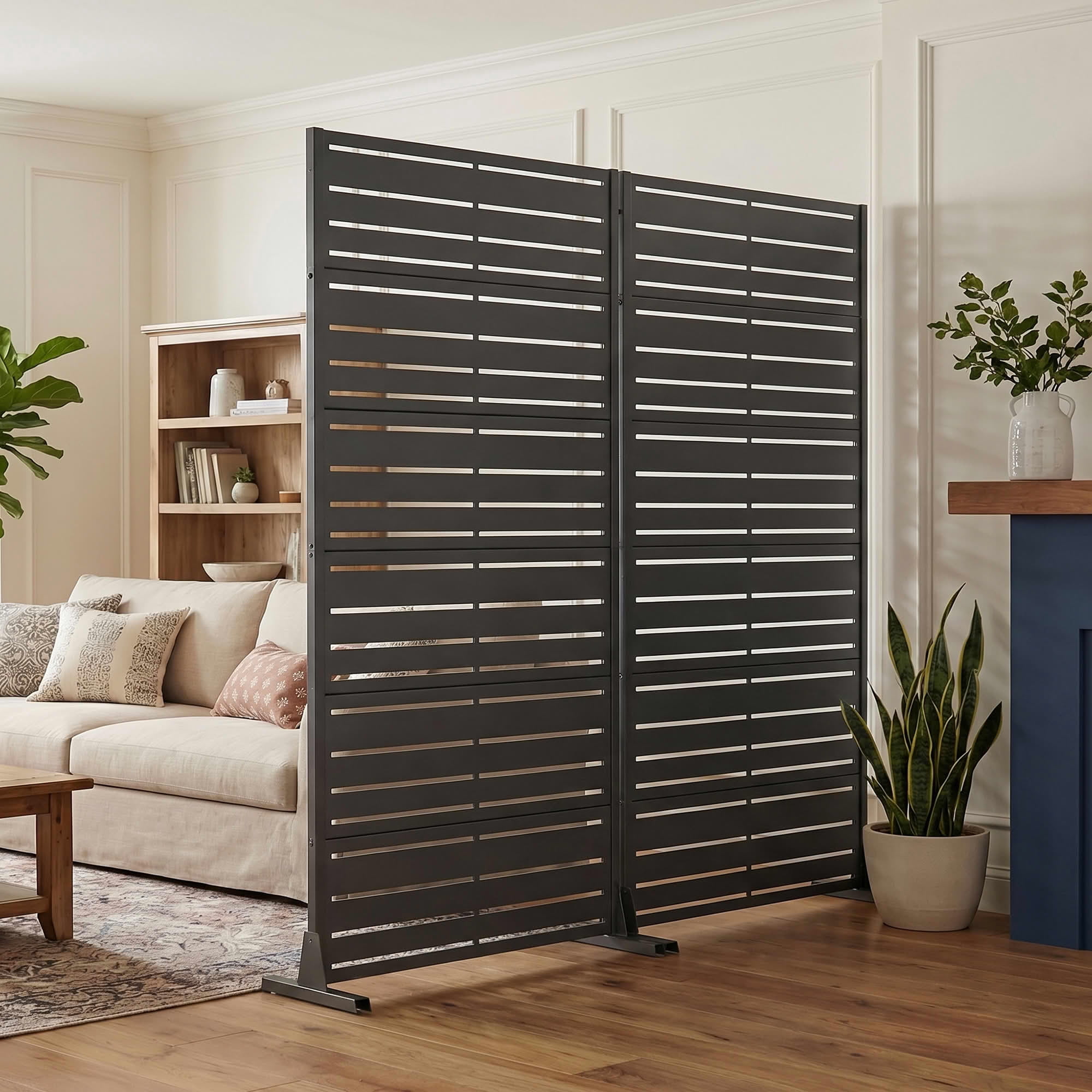 MAYEERTY 2-Piece 72"x35" Freestanding Privacy Fence, 6-Panel Black Galvanized Steel Screen, Wide-1 Narrow-2 Slats for Outdoor Yard