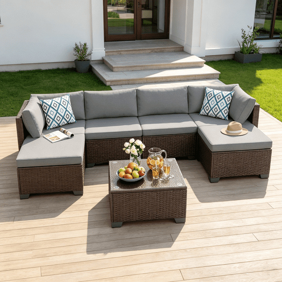 Patio Furniture Set, Jolifa 7‑Piece Outdoor Conversation Set with Waterproof Cushions and Tempered Glass Coffee Table, Brown PE Rattan Frame for Backyard/Patio/Balcony/Poolside