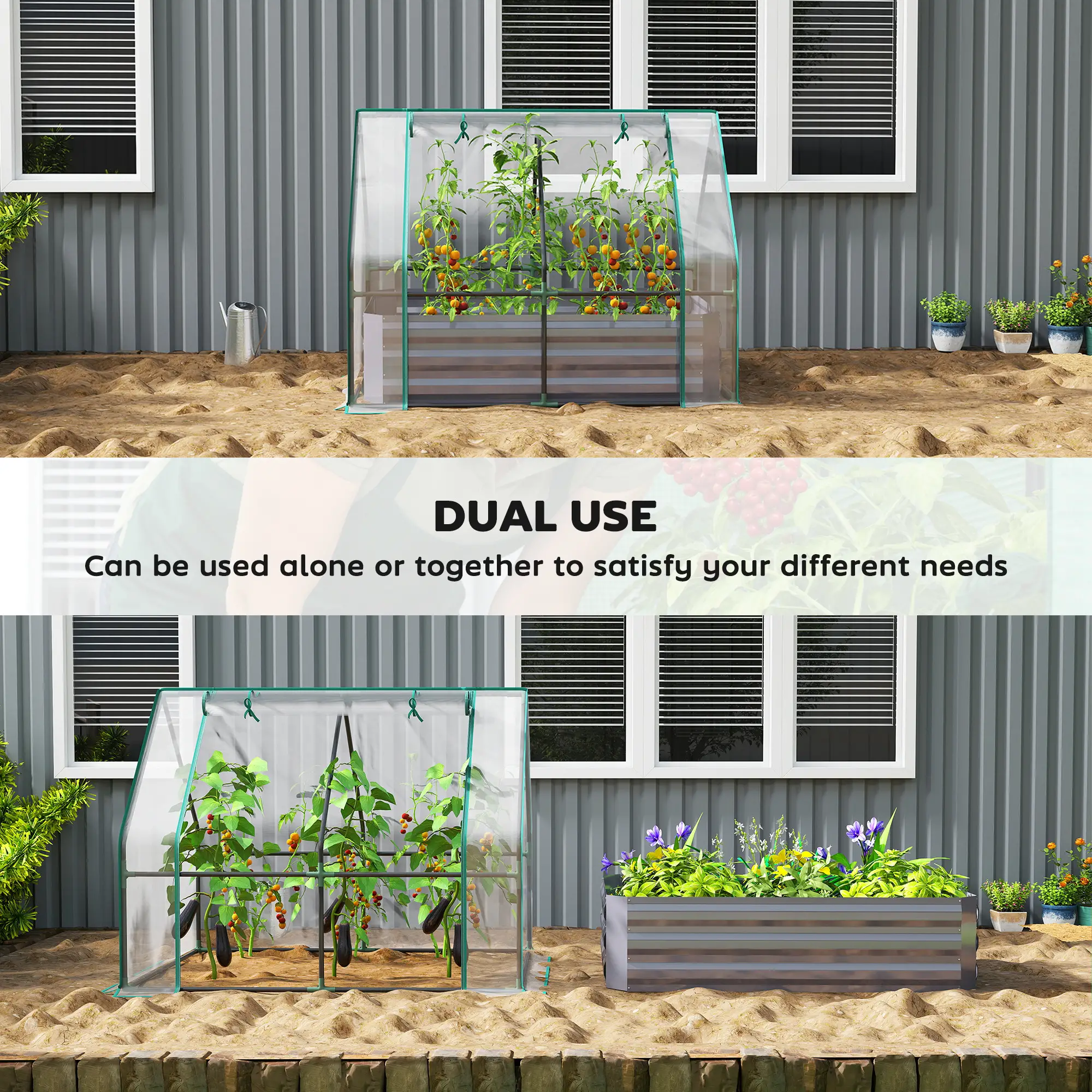 Raised Garden Bed with Mini Greenhouse Combo, Galvanized Steel Planter Box, Roll-Up Window, Windproof Extended Edge, Open Bottom Drainage, 2-Section Planting Area for Outdoor Garden