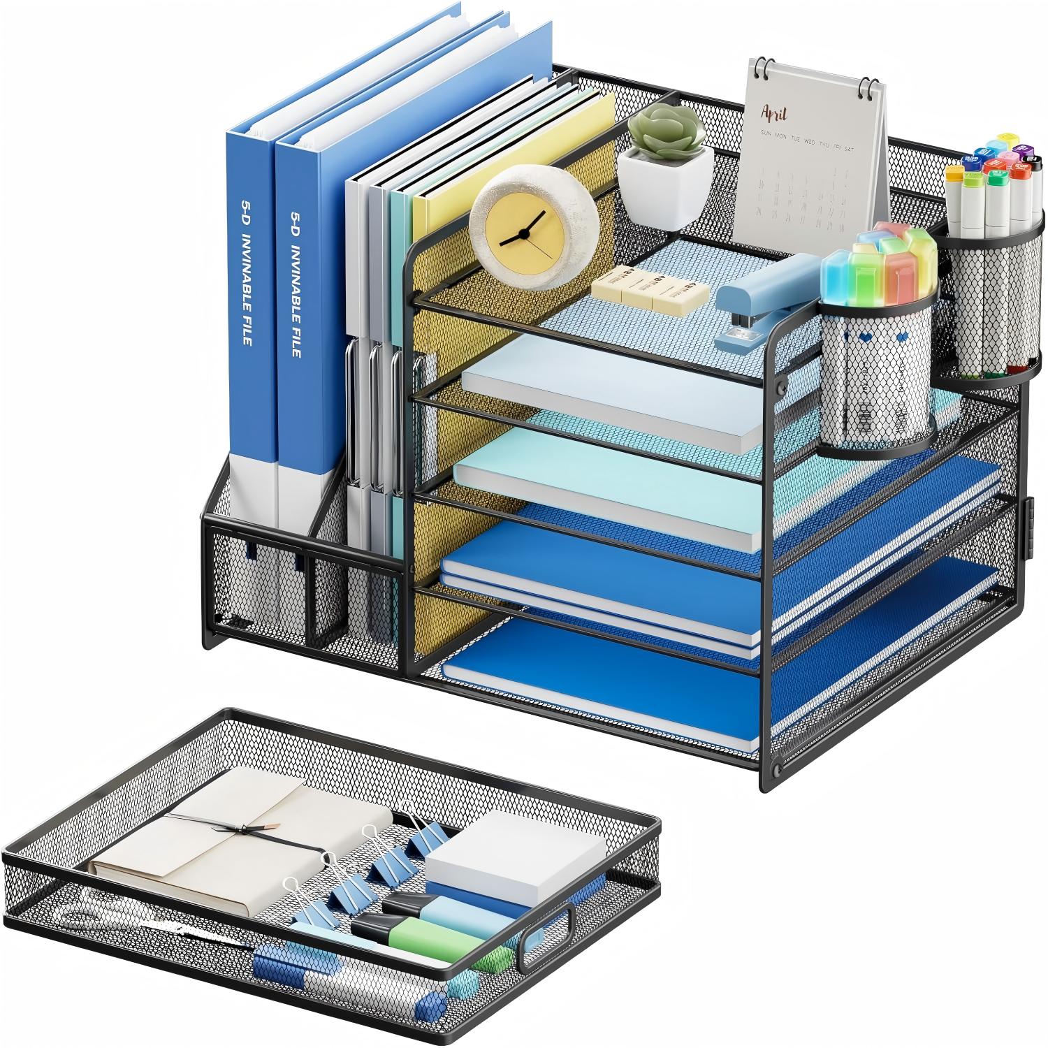 Organizador de escritorio Behome con portaarchivos, organizador de archivos de escritorio de 5 niveles con cajón y 2 portalápices, para oficina y hogar, negro 5