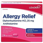Leader Antihistamine Allergy Relief Diphenhydramine HCl, 25mg Mini Tablets, 24 Count
