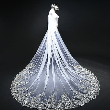 Affordable Wedding Veils - 4m Luxury 1 Layer White/Ivory Bridal Wedding Veil Lace Sequins Applique Tulle Bridal Long Head Veil with Comb