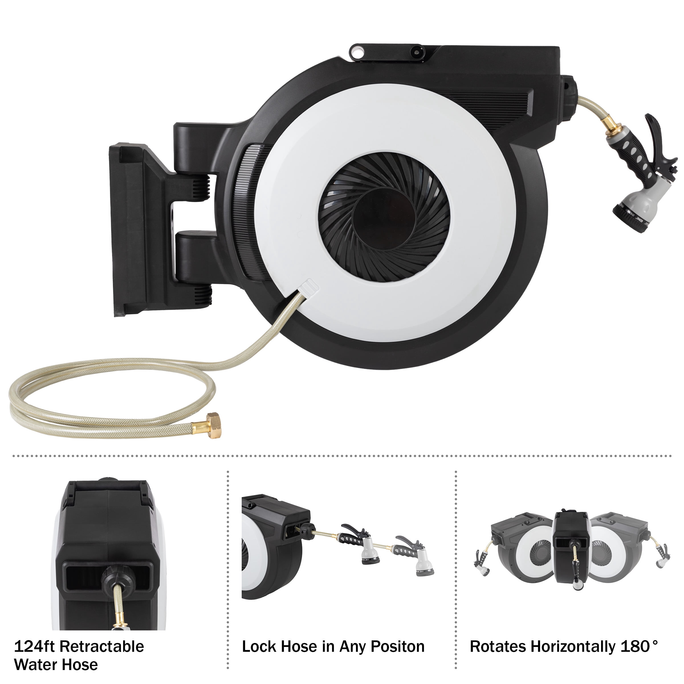 Pure Garden 124 FT Retractable Hose with Wall Reel and 9 Nozzle Patterns