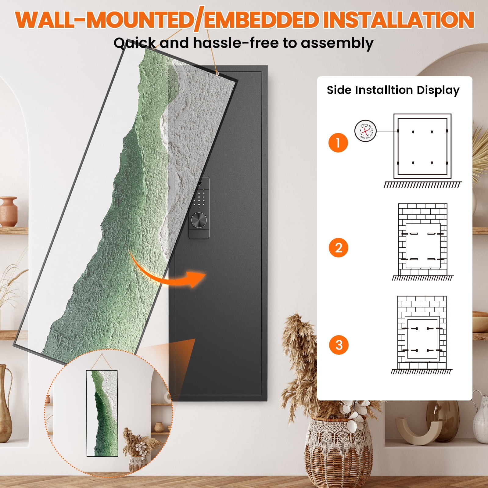 53.15" Wall Safe Between The Studs, Biometric Fingerprint Hidden Safe With Dual Alarm System And Silent Mode, Wall Gun Safe With 3 Adjustable Shelves And Magnetic Slot(fingerprint)