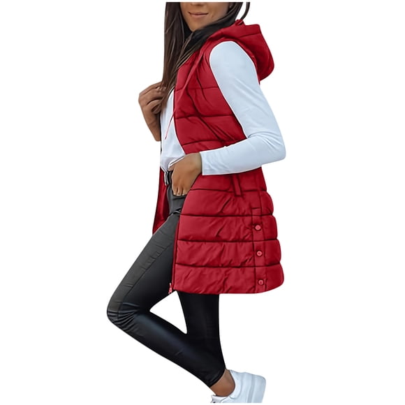 Pisexur Long Puffer Vest Women Sleeveless Quilted Jacket with Pockets Fall Fashion Zip Up Hooded Vest Outerwear Winter Warm Vest for Women S-2XL Red
