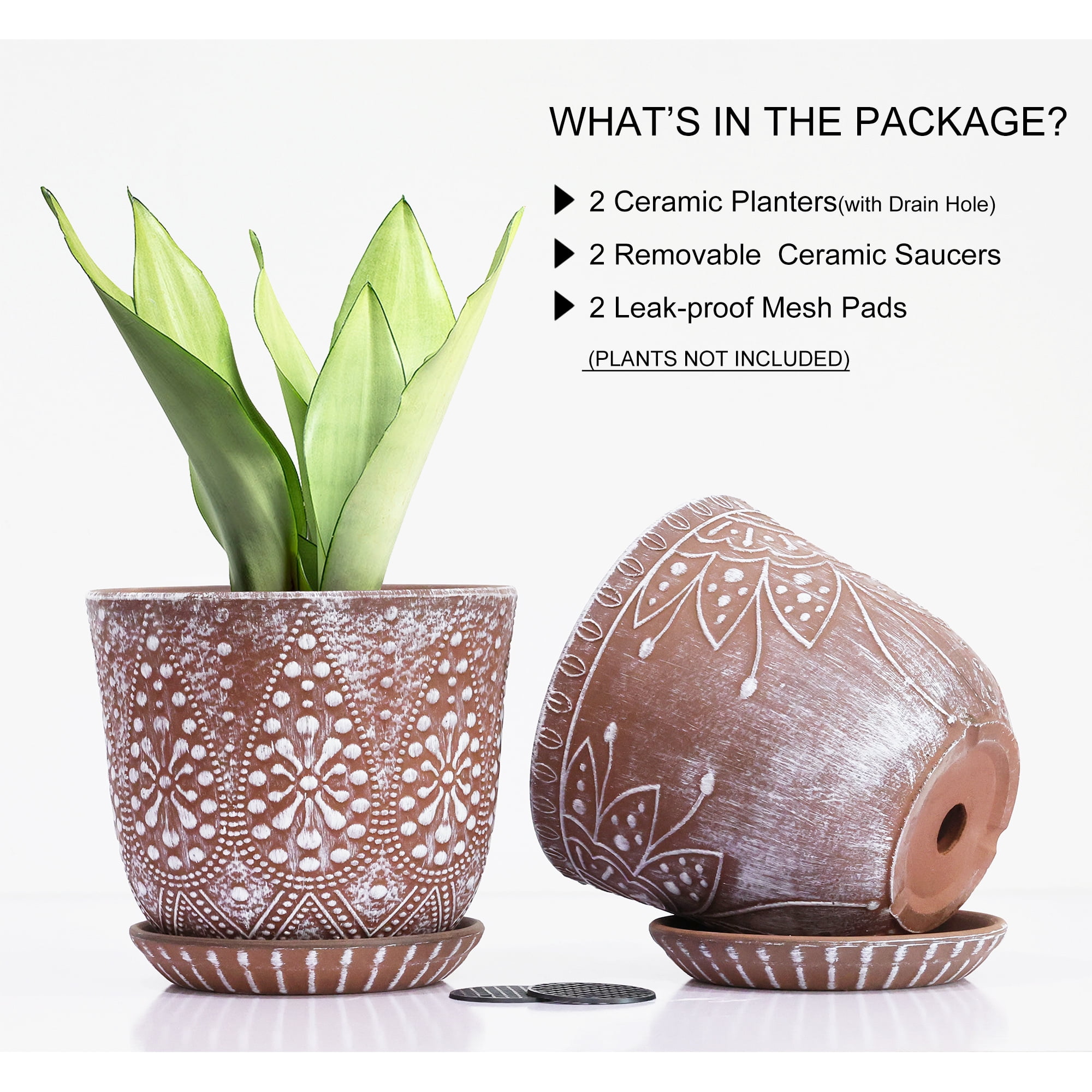 BESTSELER 6 Inch Ceramic Planter for Indoor Plants with Drainage Hole and Saucer, Round Succulent Orchid Flower Pot - set of 2