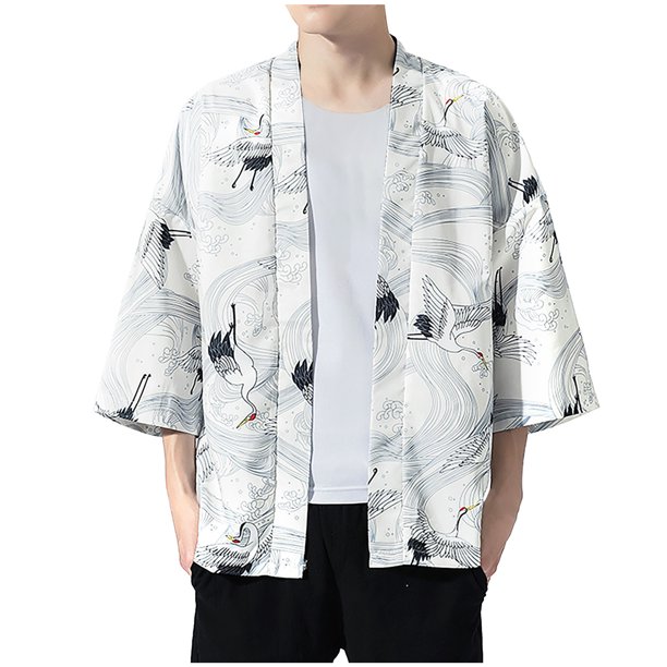 Chaqueta de punto con pintura china para hombre, abrigo ligero informal con estampado de manga de cinco puntos Pompotops oipoqjl21486