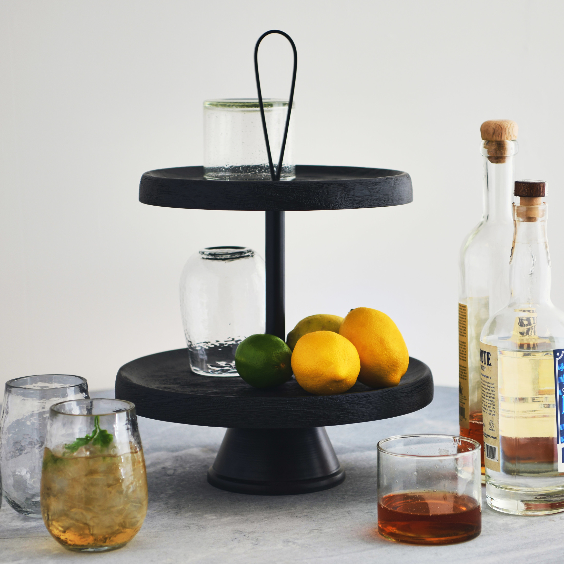 Creative Co-Op Elegant Modern 2-Tiered Tray Cake Stand or Desert Serve ware Tower, Black Mango Wood