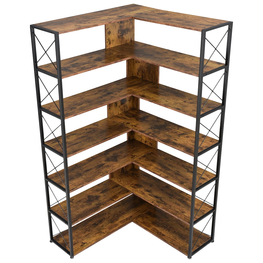 Resenkos 7-Tier Bookcase Home Office Bookshelf,L-Shaped Corner Bookcase with Metal Frame,Industrial Style Shelf with Open Storage,Brown