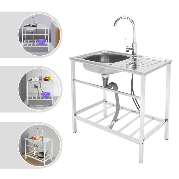 Kitchen Single Bowl Sink with 360° Rotatable Faucet, Catering Sink with Bottom Shelf, Utility Sink
