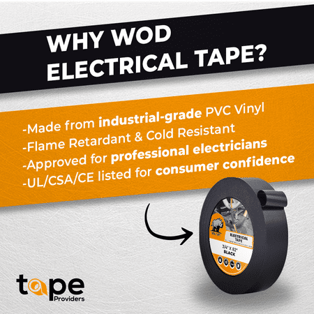 WOD Tape Premium Grade Black Electrical Tape 2 in. x 66 ft.- 48 Pack