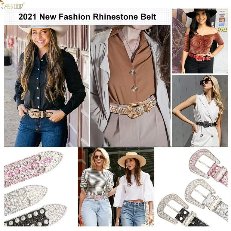 JASGOOD Women's Rhinestone Belts Fashion Western Crystal Studded Design  Leather Belt for Dress 