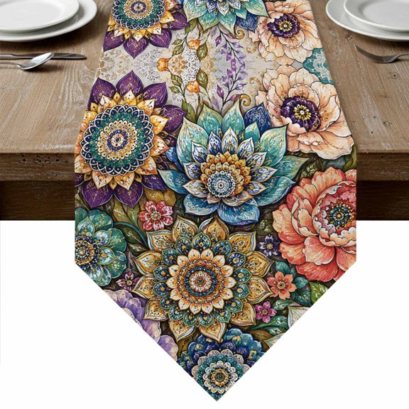 Colorful Floral Table Runner Linen Burlap Table Runner 72 Inches Long Modern Farmhouse Art Flowers Dresser Scarves for Kitchen Island Coffee Dining Room Party Wedding Holiday Decoration 16"x72"