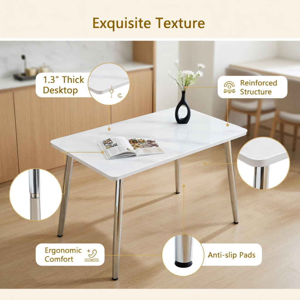 Hommoo Modern Rectangular Dining Table for 4-6 People, Tempered Glass & MDF Top with Imitation Marble Finish, Silver Tapered Metal Legs, Minimalist Design for Small Spaces, White & Sliver