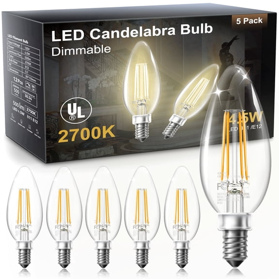 DAYBETTER B11 Filament Candle Light Bulbs, 4.5W E12 Led Candelabra Bulbs 40W Equivalent, Dimmable Chandelier Light Bulbs, High Brightness 500 LM Warm White 2700K, Clear Glass Style for Home, 5 Pack