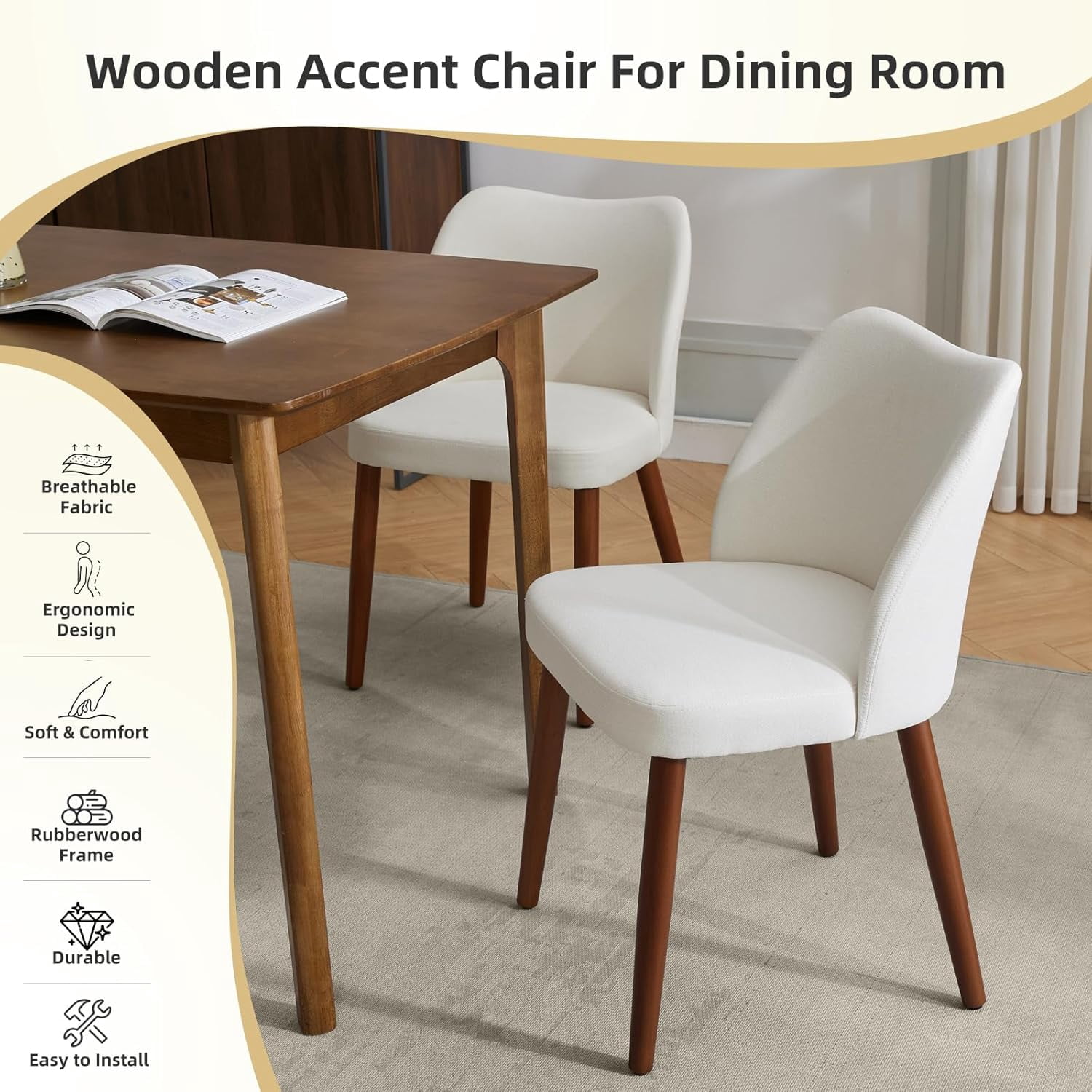 OUTGOODS Set of 2 Modern Dining Chairs, Linen Upholstered, Wood Legs