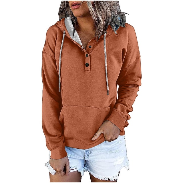 Yuyuzo Womens Hoodies Drawstring Button Collar Pullover Tops Casual Long Sleeve Fall Sweatshirts