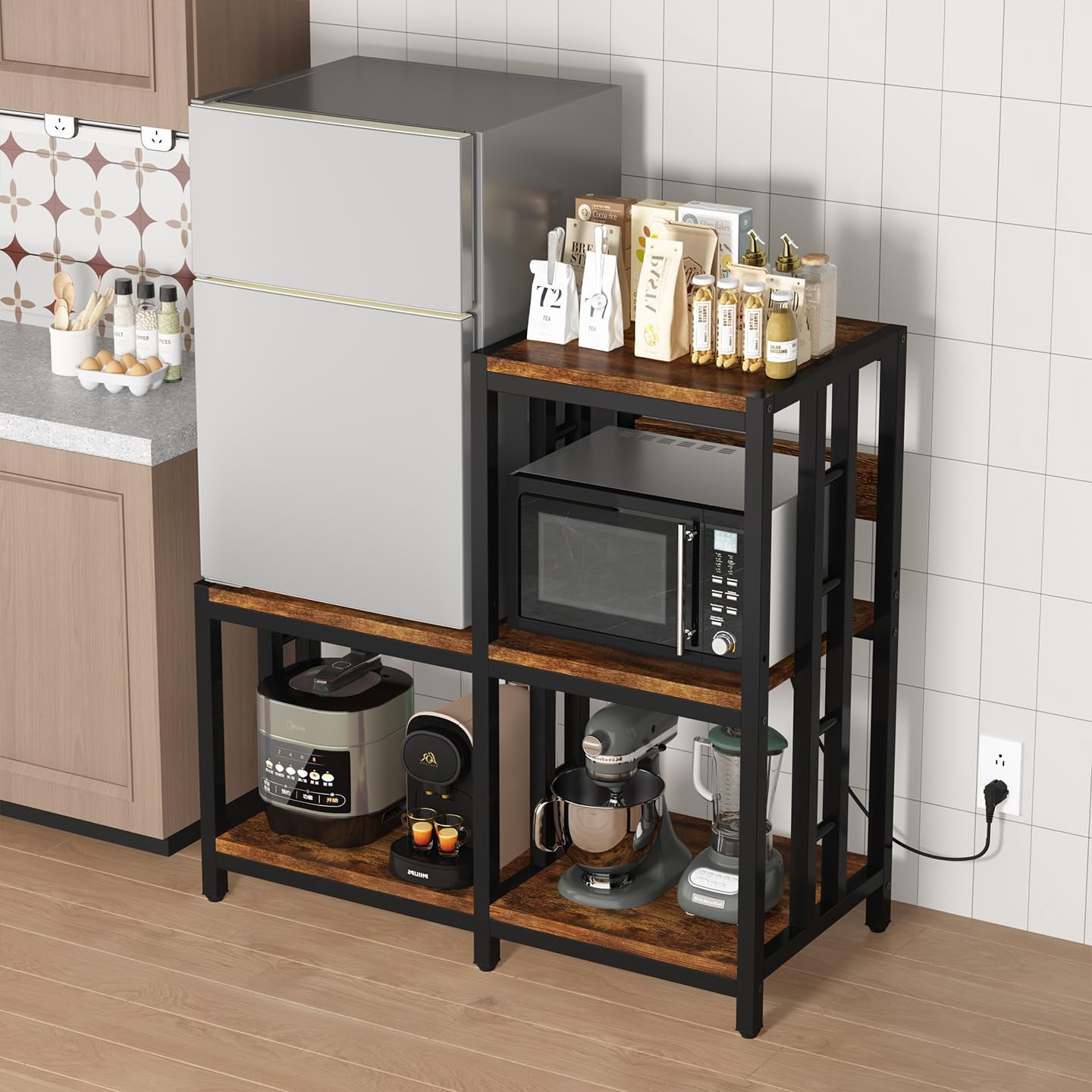 Mini Fridge Stand with Storage with Power Outlet, Microwave Oven Stand, Bakers Rack with Storage Shelf, Mini Fridge Cabinet, Mini Fridge Shelf for Kitchen, Living Room, Office, Patio.(Black)