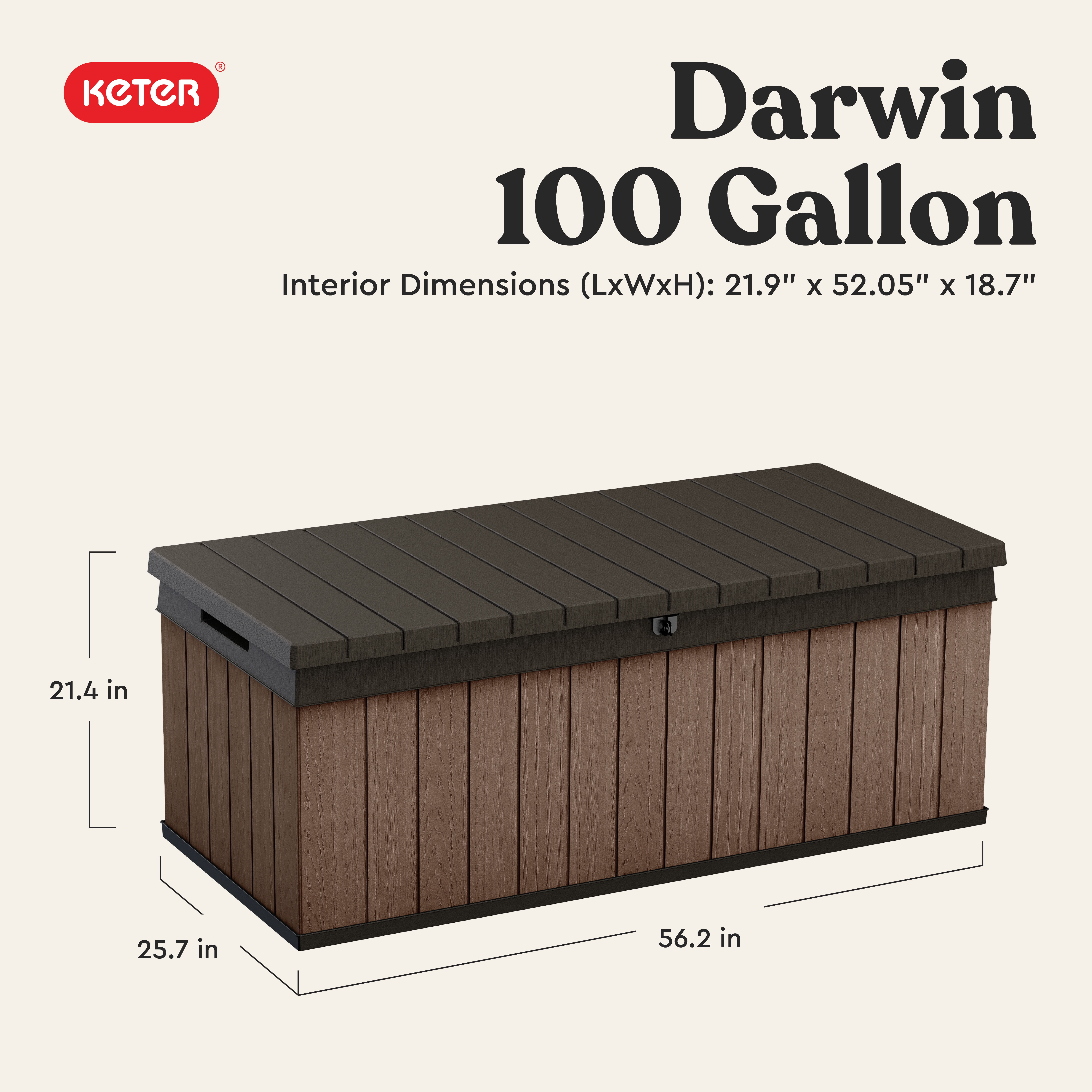 Keter Darwin 100 Gallon Resin Large Deck Box - Organization and Storage for Patio Furniture, Outdoor Cushions, Garden Tools and Pool Toys, Brown