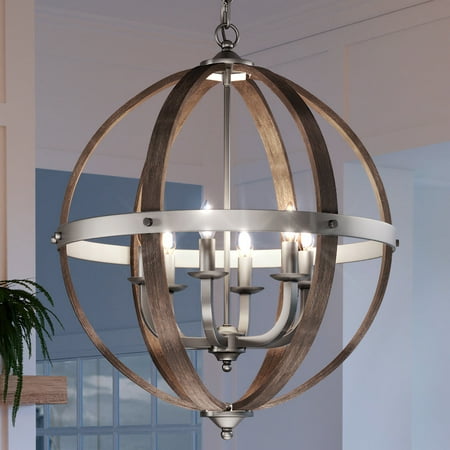 

Luxury Old World Indoor Chandelier 28.50 H x 24.75 W with Rustic Style Elements Western Design Brushed Nickel Finish and Open Steel & Wood Frame UQL3852
