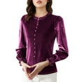 thumbnail image 2 of Women's Long Sleeve Velvet Shirts Soft Crew Neck Dressy Casual Blouses with Ruffled Detailing Solid Color Tops (XL, Purple), 2 of 7