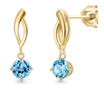 Gem Stone King 10K Yellow Gold Swiss Blue Topaz Stud Dangle Earrings for Women | 1.00 Cttw | Gemstone November Birthstone | Round 4.5MM
