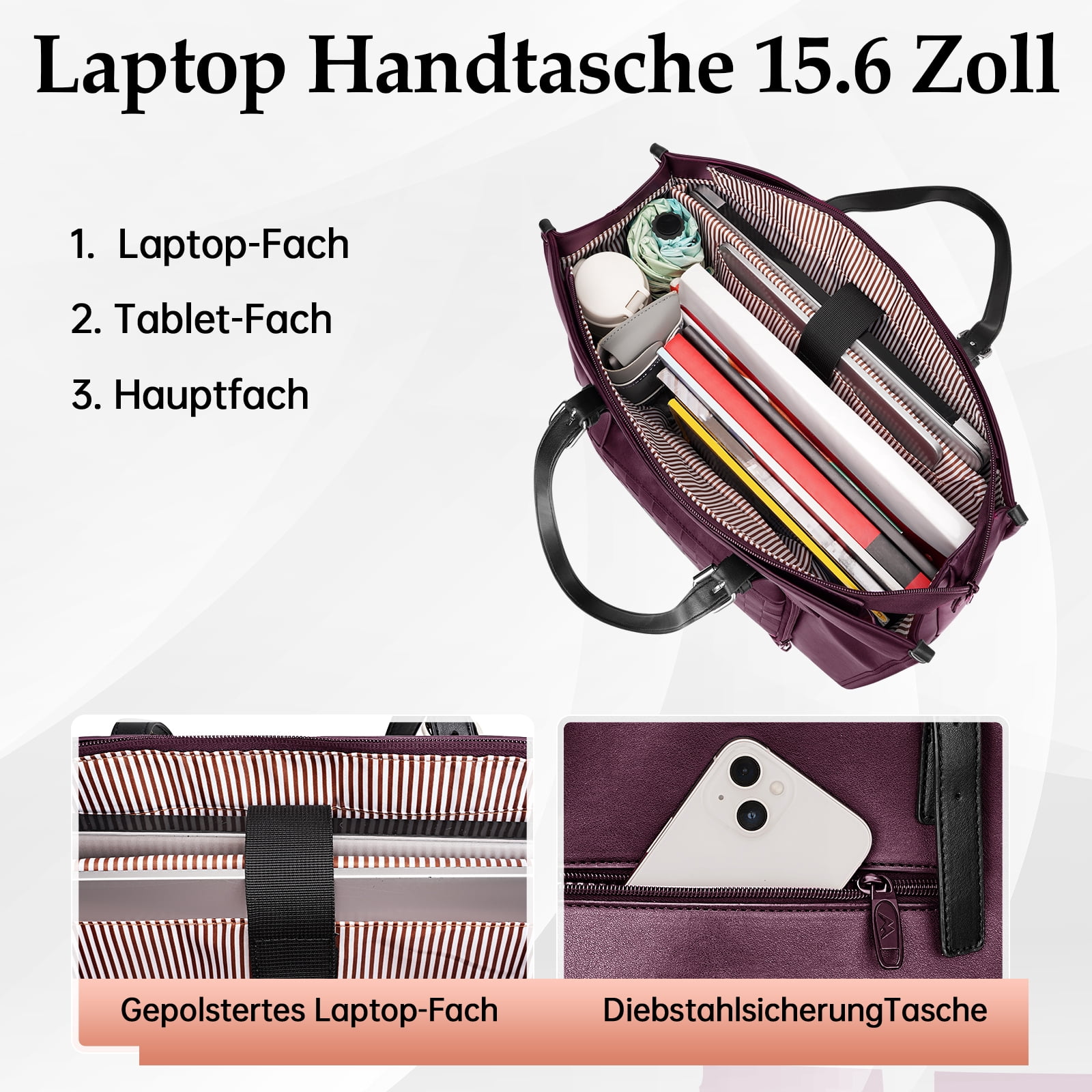 Matein Laptop Tote Bag for Women Men, 15.6 inch Waterproof PU Leather Work Shoulder Bag with Insulated Lunch Compartment, Dark Purple