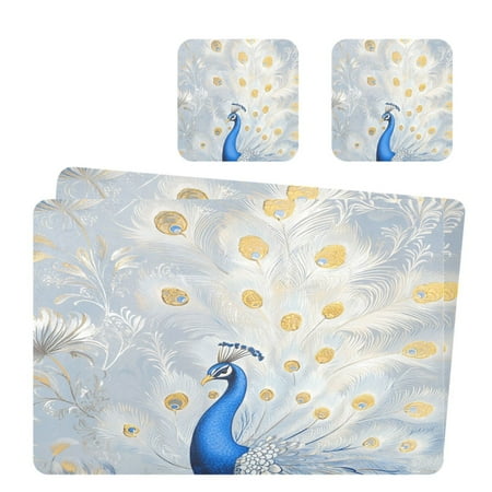 

Wobogo Blue Peacock Placemats Coasters Set of 2 Heat-resistant Non-slip Easy to Clean Square Dinner Plate Mat