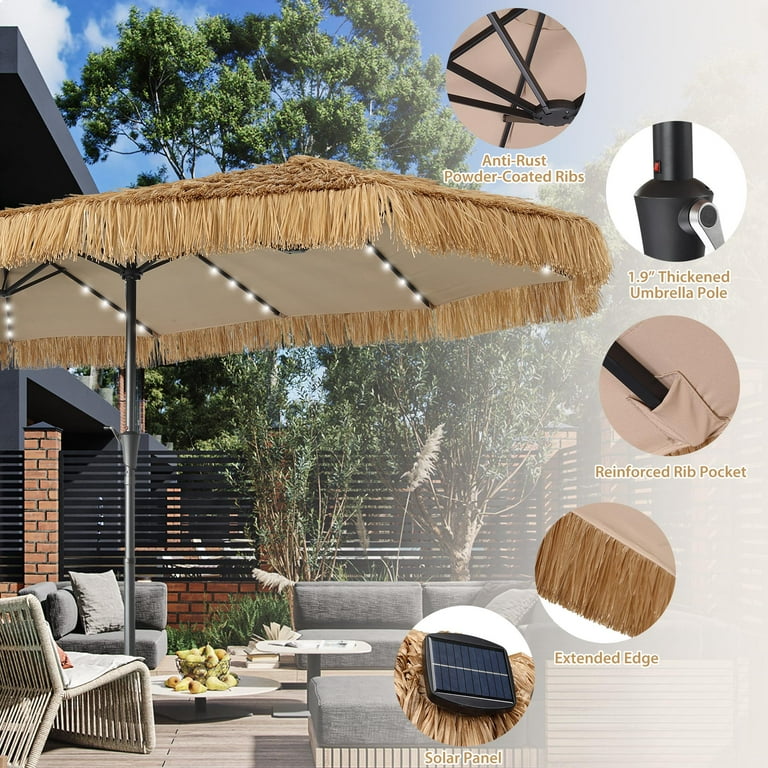 extended patio umbrella Ainfox 15ft Large Thatched Tiki Patio Umbrella with Lights and Weighted  Sandbags, Outdoor Heavy-Duty Double-Sided Rectangle Market Umbrella for  Garden, Deck, Backyard, Pool, Beach