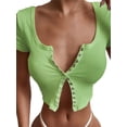 thumbnail image 2 of FOCUSNORM Women Short Sleeve Knit Blouse Solid Color V-neck Slim Short Top, 2 of 5