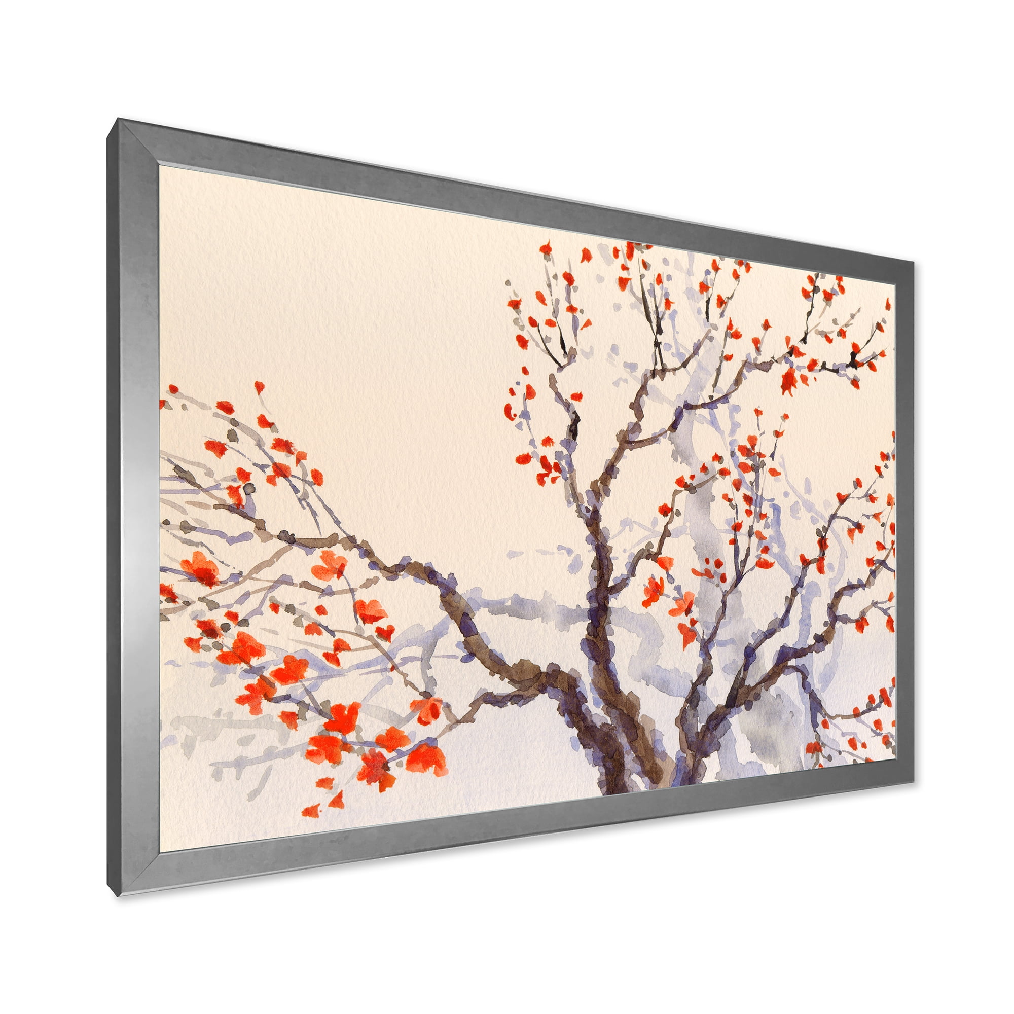 Buds and Red Flowers On The Spring Blossoming Tree 20 in x 12 in Framed Painting Canvas Art Print, by Designart