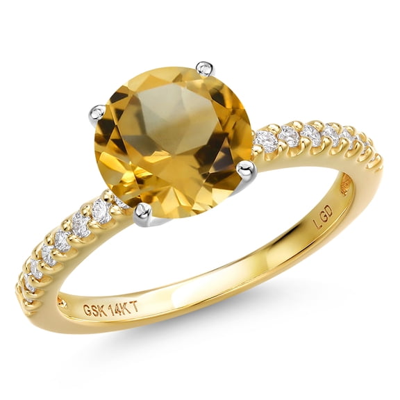 Gem Stone King 14K Two Tone Gold Yellow Citrine and Lab Grown Diamond Engagement Ring for Women | 2.96 Cttw | Round 9MM | Gemstone November Birthstone | Size 8