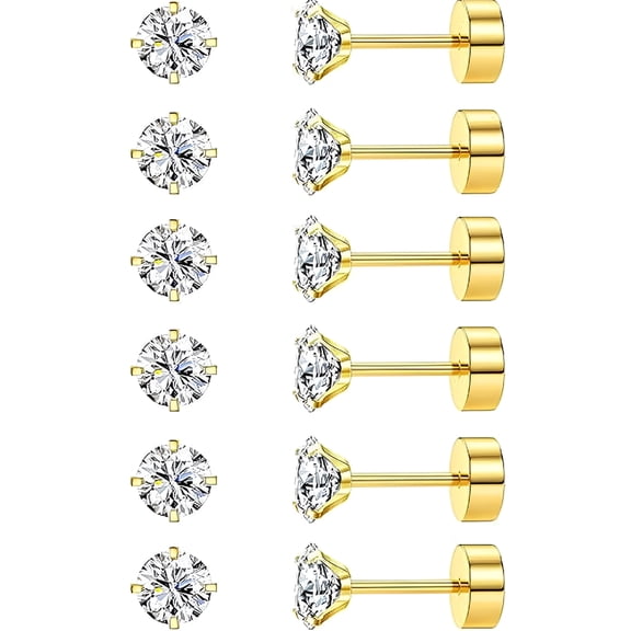 DESIGNICE 6 Pairs 4Mm Round Cubic Zirconia Stud Earrings Flat Back Stud Earrings 316L Stainless Steel Earrings Set for Women Men Cubic Zirconia Earrings, Gold