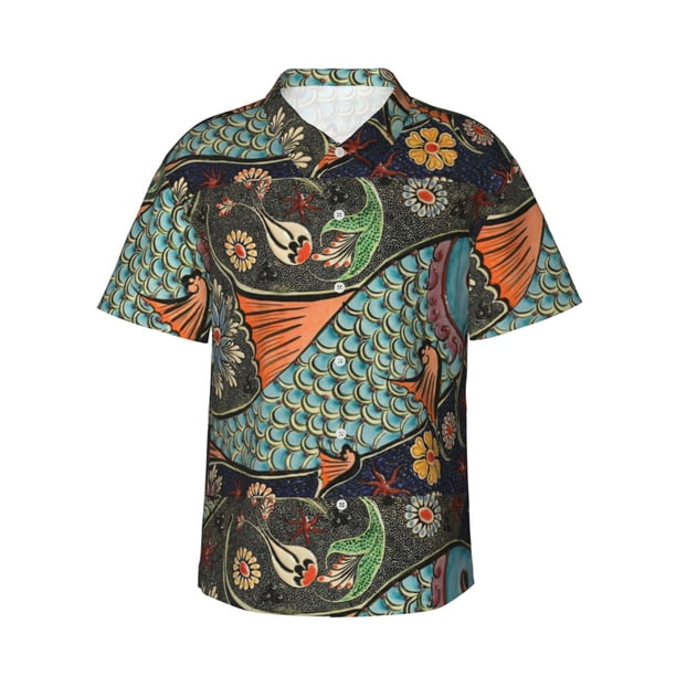 Fotbe Rich Fish Camisa Hawaiana para Hombre Unisex – Camisa Casual de Verano con Botones de Manga Corta de Algodón y Lino,3X-Large