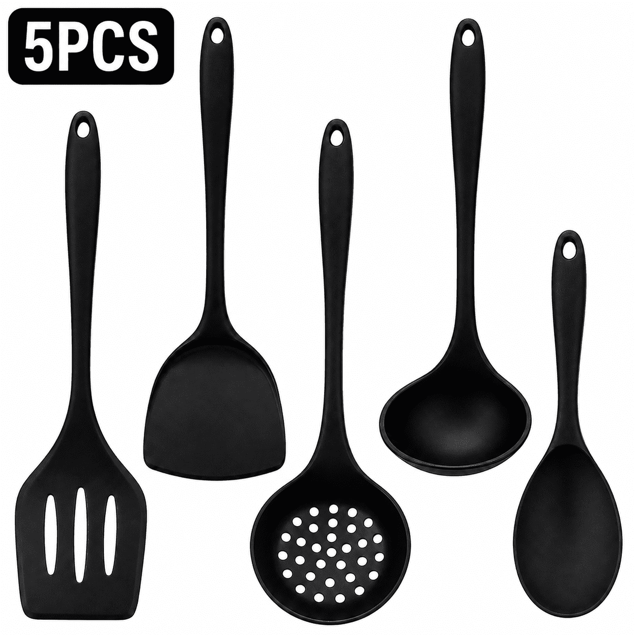 Silicone Spatula Set, 5 Piece Black Cooking Utensils Set with Turner, Spoon and Ladle, Heat Resistant Kitchen Tools for Nonstick Cookware, Easy Clean