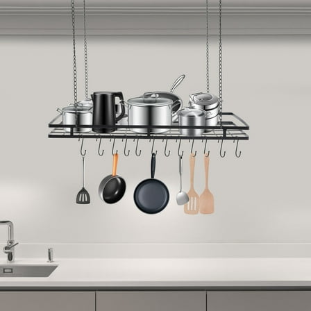 Modern Hanging Pot Holder Pan Hanger Kitchen Ceiling Rack with 12 Hooks Black